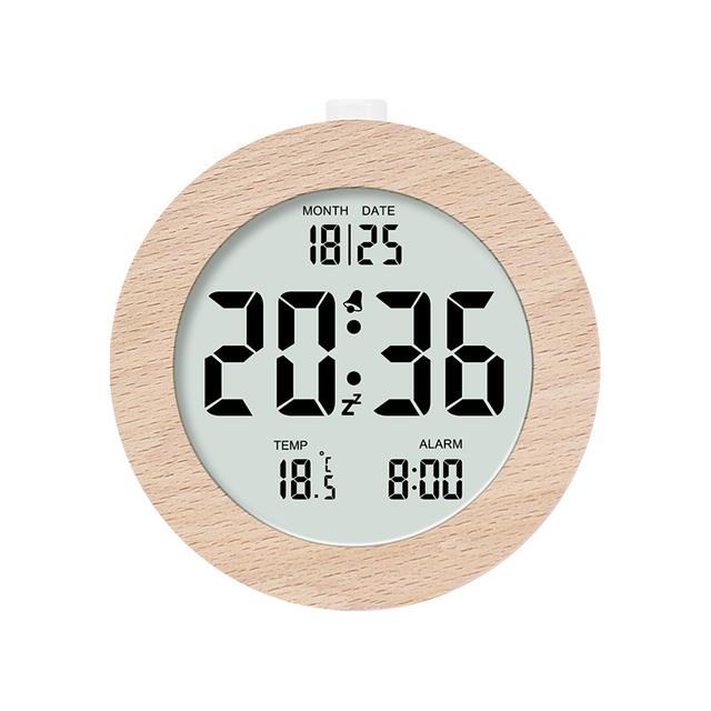 LCD Digital Wooden Desk Table Clock Solid Wood Alarm Clock with Temperature Date