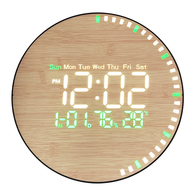 Bamboo Patterned LED Digital Wall Clock with Week Date Digital Alarm Clock Display Temperature Humidity