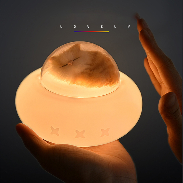 Creative Pet Spaceship Lights Desk Decor Bedroom Bedside Table Sleep Lamp Silicone Wireless Night Lamp LED Cat Dog Night Light