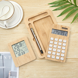Bamboo Desktop Calculator Temperature And Humidity Clock Set Modern 12 Digit Dual Power Calculator Solar Power Calculator