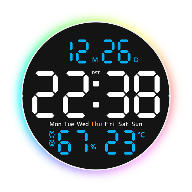 LED Wall Alarm Clock Display Temperature Humidity Week Calendar Round Large Screen Wall Clock with Night Light