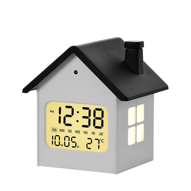 Creative House Style Alarm Clock Multi-functional LCD Bedside Clock with Night Light Digital Desk Table Clock